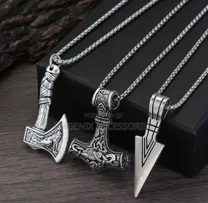 Viking Men's Necklace - Norse Hammer, Compass, Wolf Axe Pendant