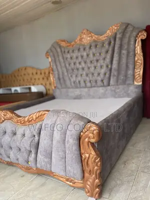 6x6ft Royal Bed Frame - Grey Velvet & Gold Carvings