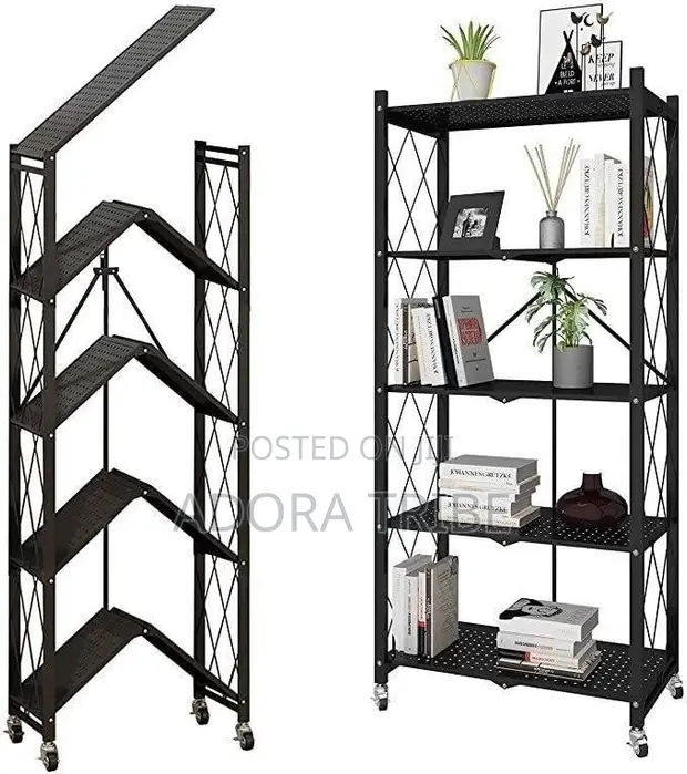 5-Tier Foldable Metal Storage Rack with Wheels - 1