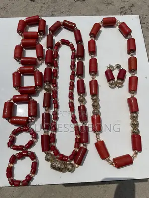 Unused Igbo Traditional Red Coral Bead Jewelry Set