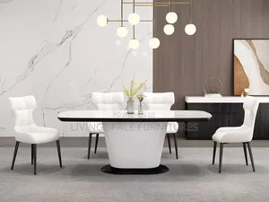 Modern 6-Seater Dining Set - White Marble & Leather