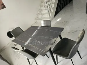 Square Marble Dining Table + 4 Grey Chairs