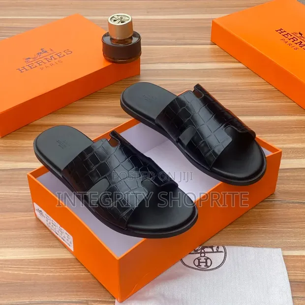 Hermes Black Embossed Crocodile-Pattern Men's Slides - 1