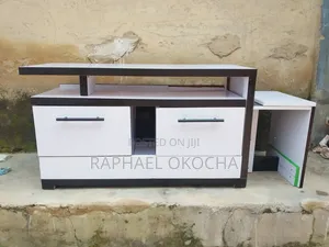 Brand New White TV Stand with Black Edges & Detachable Stool