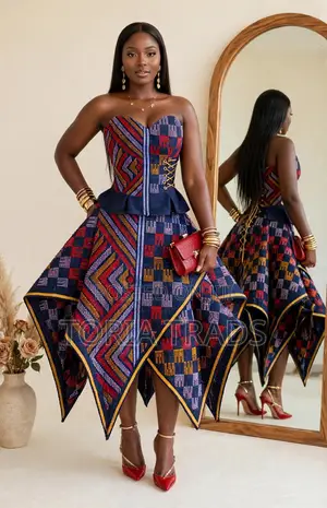 Original Akwete Fabric - Navy Blue & Red Mustard Zigzag