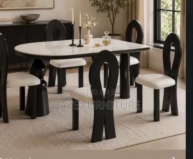 Marble Top Dining Set with Wooden Leg Chairs (6 Seater) - 1