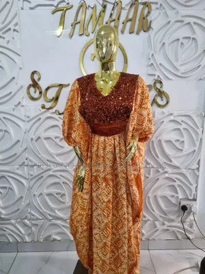 Orange Adire Gown with Wine Embellished Bodice
