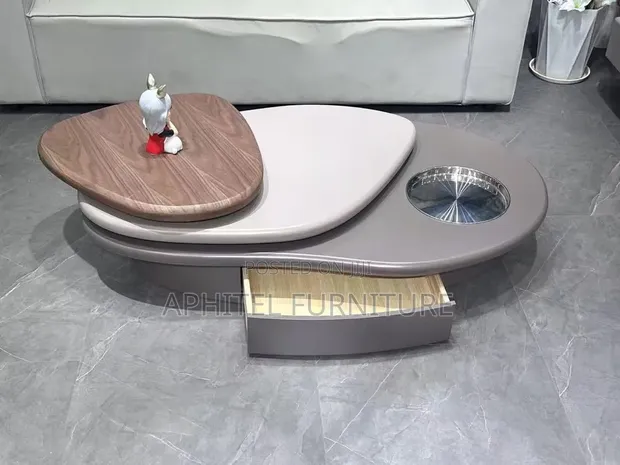 Three Step Oval Wooden Center Table with Drawer - 1