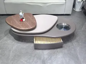 Three Step Oval Wooden Center Table with Drawer