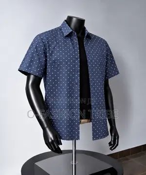 Men's Casual Short Sleeve Shirt - Navy Blue Polka Dot