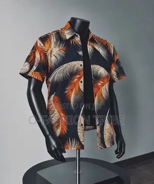 Men's Vintage Tropical Feather Print Shirt - Black