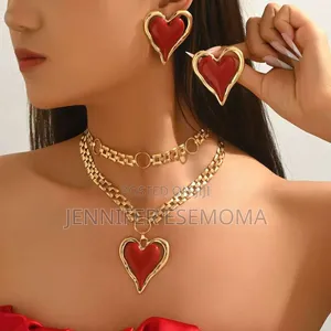 Premium Non-Tarnish Jewellery Set - Red Heart Necklace & Earrings