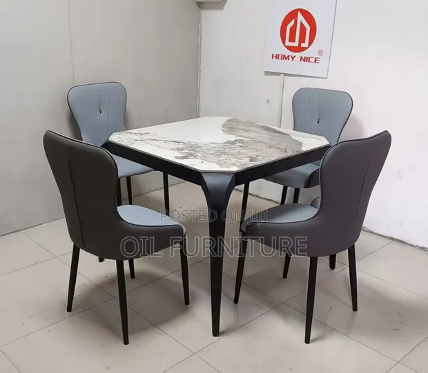 Homy Nice Luxury Marble Top Dining Table Set (4 Grey Leather Chairs) - 1