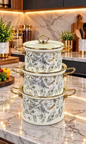 Samira 3-Set Enamel Pots - White Floral Gold