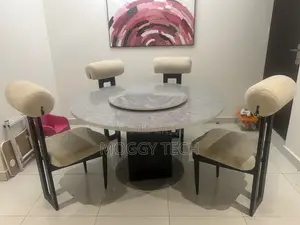 Round Dining Set - 6 Off-White Chairs, Ash Pattern Top