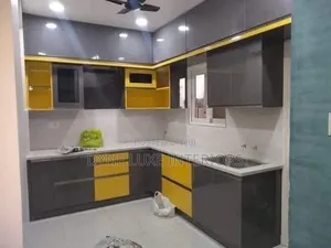 High-Quality L-Shaped Kitchen Cabinets - Modern Grey & Yellow Finish