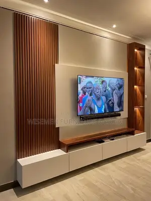 Stylish Modern TV Console - Wood & Off-White