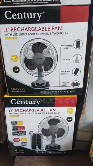 Century 12" Rechargeable Desk Fan with 2 LED Bulbs & Solar Panel