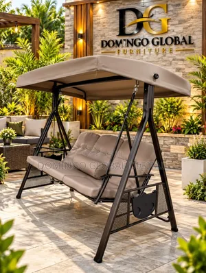 3-Seater Outdoor Garden Swing Chair tare da Canopy & Beige Cushions