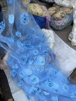 Flowered Organza Fabric - Blue & Yellow