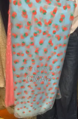 Organdy Fabric - Blue with Red Berries