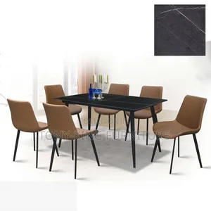 6 Seater Ceramic Top Dining Set - Black Top, Brown Chairs