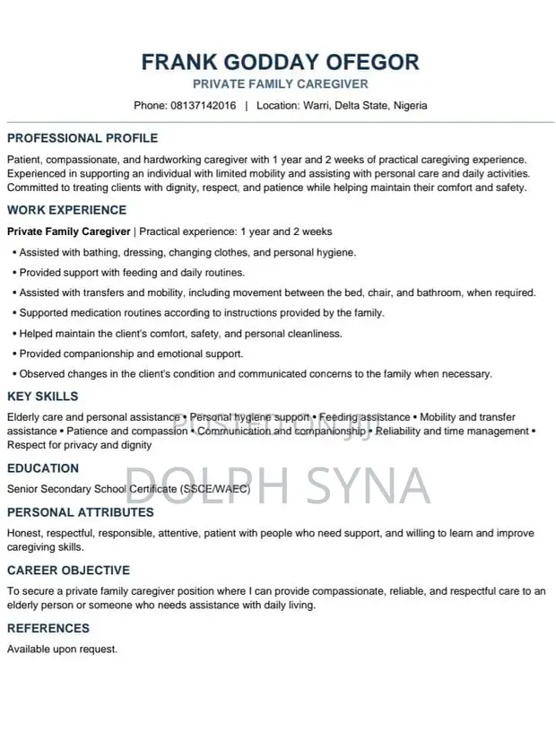 Caregiver Seeking Position in Lagos - 1