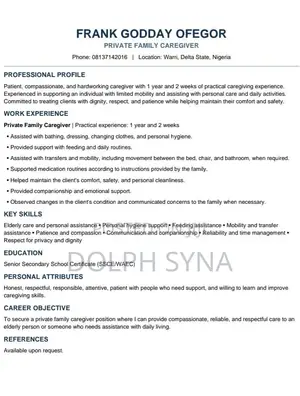 Caregiver Seeking Position in Lagos