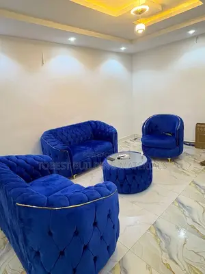 Luxury Electric Blue Velvet Tufted Sofa Set With Ottoman Table