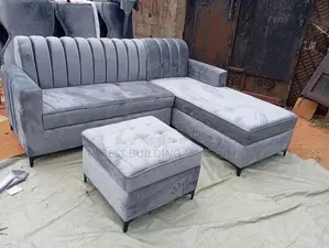 Modern Grey Fluted Velvet L-Shaped Sectional Sofa + Ottoman