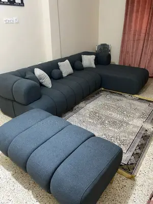 Modern Dark Grey Fluted L-Shaped Sectional Sofa + Ottoman