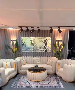 Luxury Cream & Gold Fluted Velvet Living Room Set