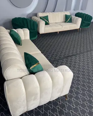 Luxury Cream & Emerald Green Velvet Sofa Set