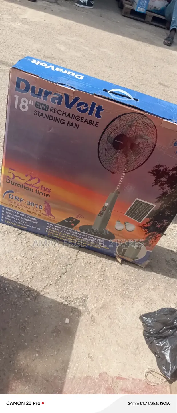 Duravolt 18" Rechargeable Solar Fan with Remote - 1
