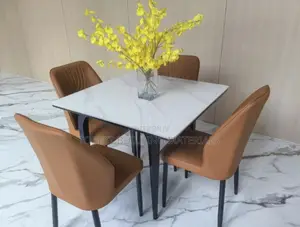 Luxury White Marble-Top Square Dining Table Set with Brown Chairs