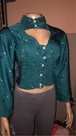 Ready to Wear Green Silk Smoking Top Shirt - 2