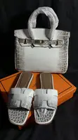 Luxury Handbag & Slides Set - Grey/White Crocodile Effect - 2