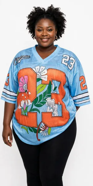 Unisex Floral V-Neck Jersey - White & Blue - Sizes S-3XL