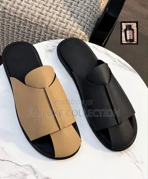 Men's Leather T-Strap Slide Slippers - Tan & Black