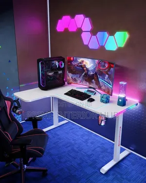 White L-Shaped RGB Gaming Desk 140cm
