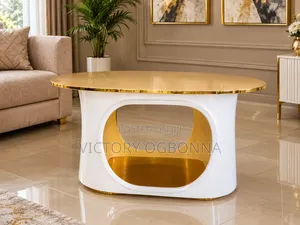 Luxury Engineered Marble Oval Center Table - White & Gold